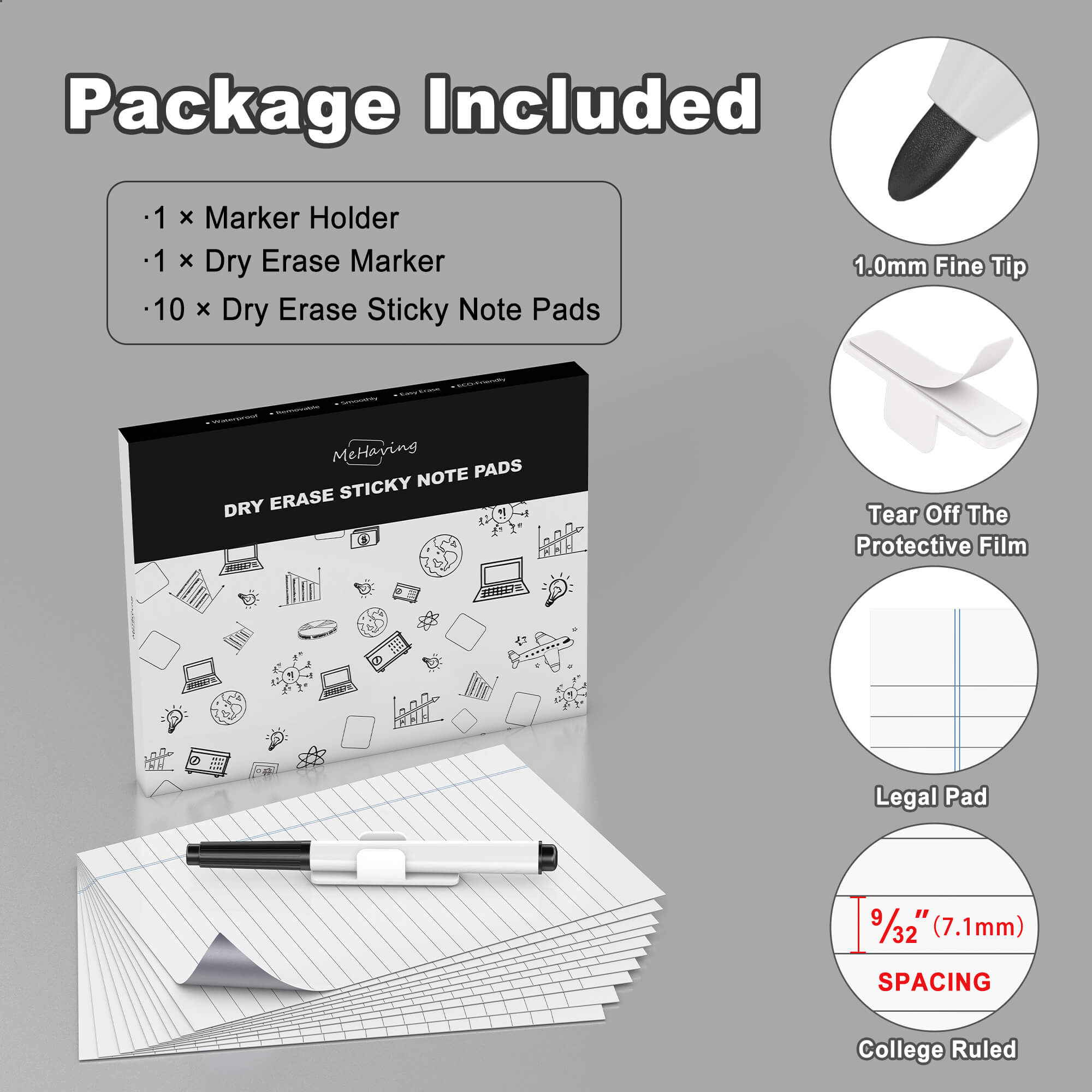 Mehaving Dry Erase Lined Sticky Note Pads, 10 Sheets Reusable Legal Pa